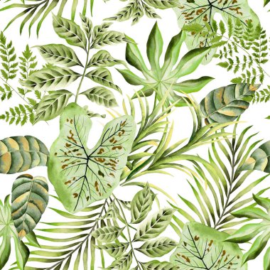 Watercolor leaves pattern, green foliage, white background, seamless