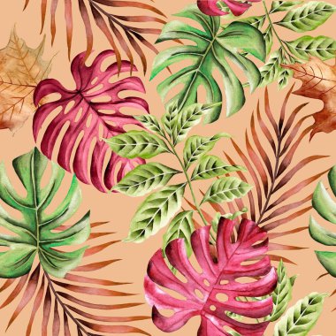 Watercolor leaves pattern, gren. red and yellow foliage, orange background, seamless