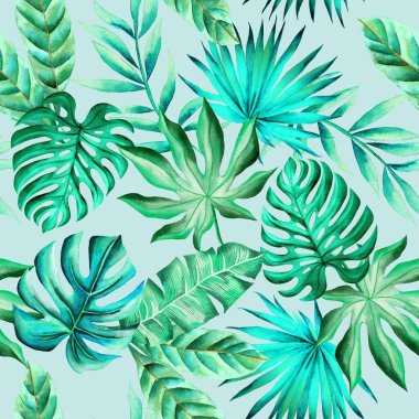 Watercolor leaves pattern, blue and green foliage, blue background, seamless