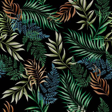 Watercolor leaves pattern, blue and green foliage, black background, seamless