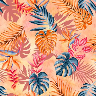 Watercolor leaves pattern, blue, pink and orange foliage, orange background, seamless