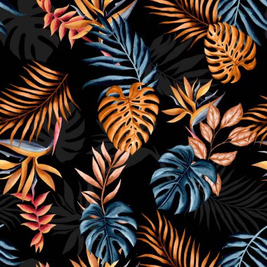 Watercolor leaves pattern, blue and orange foliage, black background, seamless