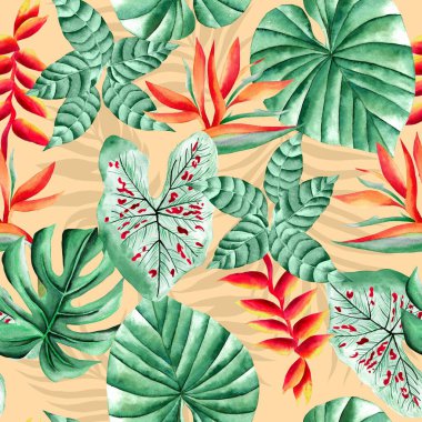 Watercolor leaves pattern, green foliage, red tropical flowers, yellow background, seamless