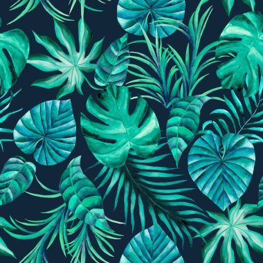 Watercolor leaves pattern, green foliage, navy blue background, seamless
