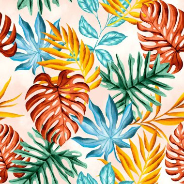 Watercolor leaves pattern, blue, red, green and yellow foliage, white background, seamless