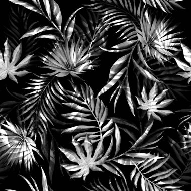 Watercolor leaves pattern, gray foliage, black background, seamless