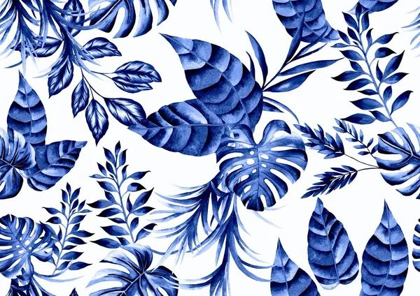 Watercolor leaves pattern, blue foliage, white background, seamless