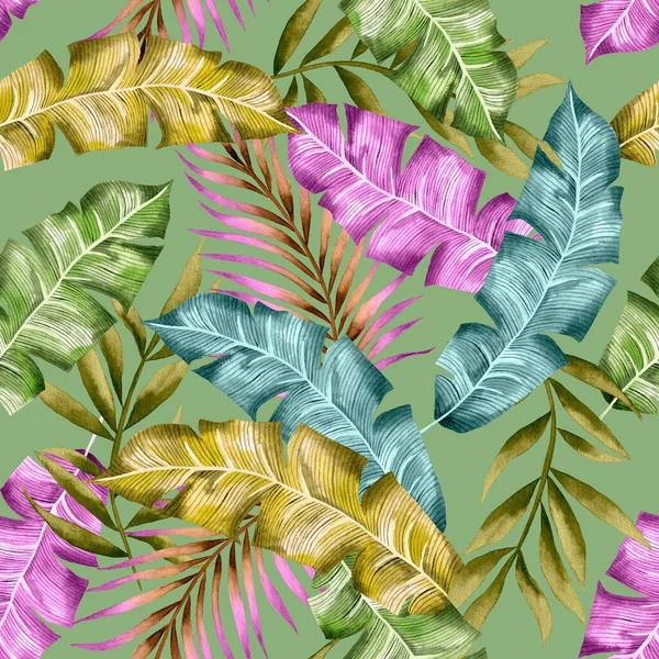 Watercolor leaves pattern, blue, pink and yellow foliage, green background, seamless