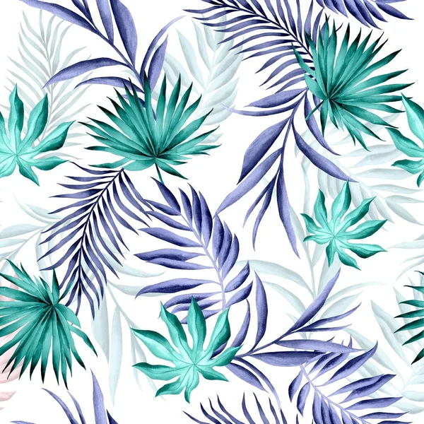Watercolor leaves pattern, blue and green foliage, white background, seamless