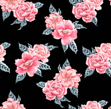 Watercolor flowers pattern, red tropical elements, green leaves, black background, seamless