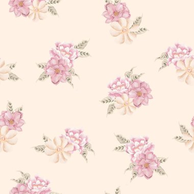 Watercolor flowers pattern, red tropical elements, green leaves,yellow  background, seamless