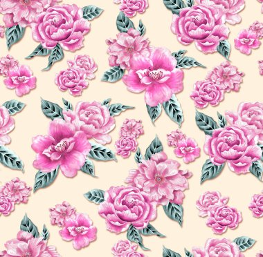 Watercolor flowers pattern, pink tropical elements, green leaves, yellow background, seamless