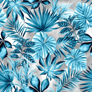 Suluboya yaprakları deseni, mavi yapraklar, gri arkaplan, pürüzsüz