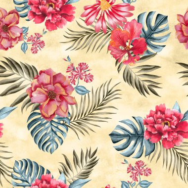 Suluboya çiçek desenleri, kırmızı tropikal elementler, yeşil ve mavi yapraklar, sarı arka plan, pürüzsüz