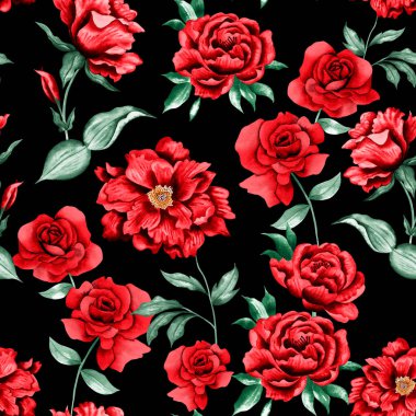 Watercolor flowers pattern, red roses, green leaves, black background, seamless