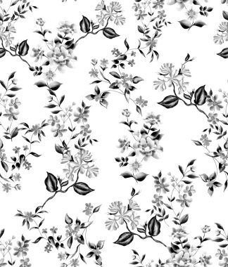 Watercolor flowers pattern, black and white tropical elements, green leaves, white background, seamless