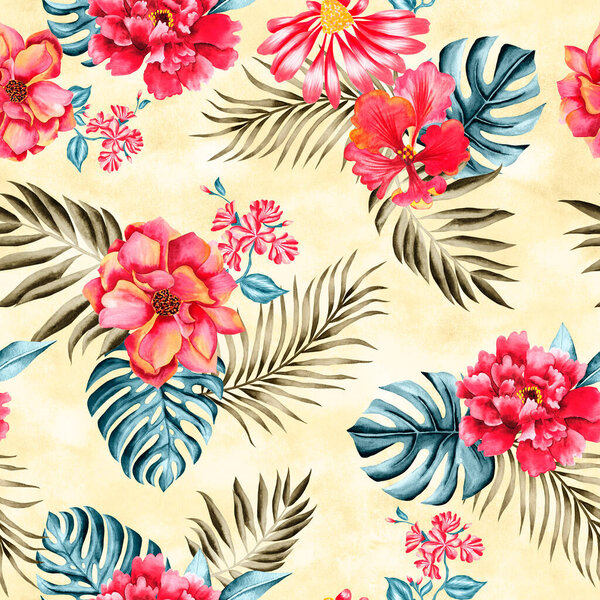 Акварельные цветы узор, красные тропические элементы, зеленые и синие листья, желтый фон, бесшовные