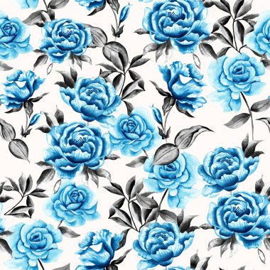 Watercolor flowers pattern, blue tropical elements, gray leaves, white background, seamless