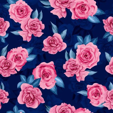Watercolor flowers pattern, pink tropical elements, green leaves, navy blue background, seamless