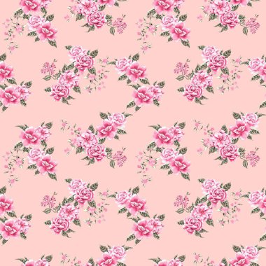 Watercolor flowers pattern, pink tropical elements, green leaves, golden background, seamless