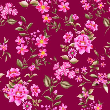 Watercolor flowers pattern, pink tropical elements, green leaves, red background, seamless