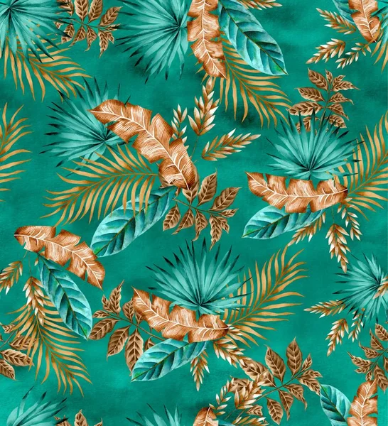 stock image Watercolor leaves pattern, blue and yellow foliage, green background, seamless