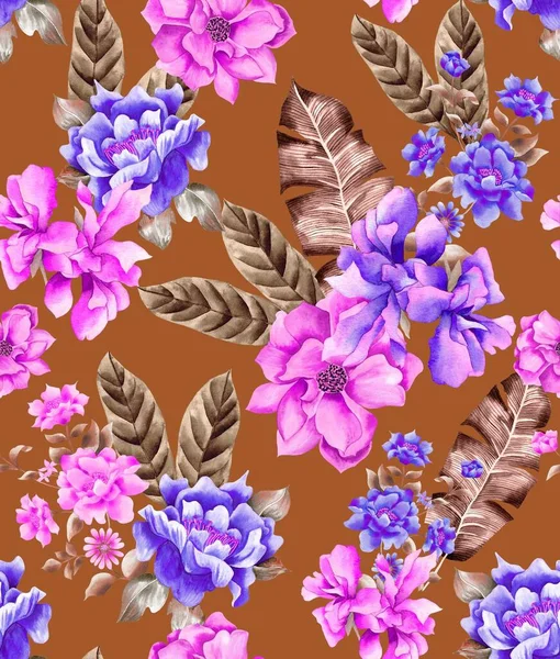 Watercolor Flowers Pattern Pink Purple Tropical Elements Brown Leaves Brown — Stock Photo, Image