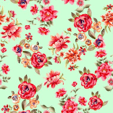 Watercolor flowers pattern, red tropical elements, green leaves, green background, seamless