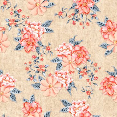 Suluboya çiçek deseni, turuncu tropikal elementler, mavi yapraklar, altın arka plan, pürüzsüz