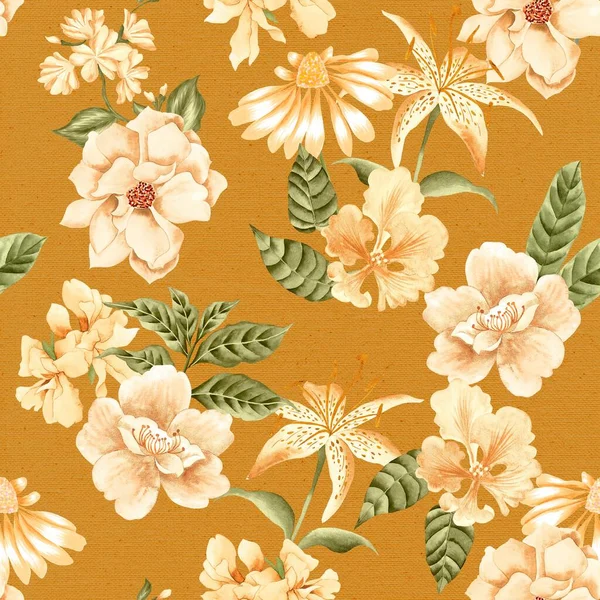 Watercolor Flowers Pattern Yellow Tropical Elements Green Leaves Gold Background — Stock Photo, Image