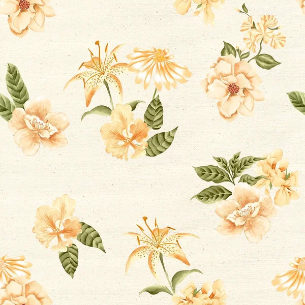Watercolor Flowers Pattern Yellow Tropical Elements Green Leaves White Background — Stock Photo, Image