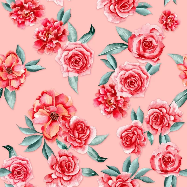 Watercolor Flowers Pattern Red Tropical Elements Green Leaves Golden Background — Stockfoto