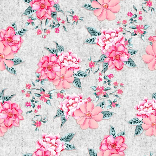 Akvarell Blommor Mönster Rosa Tropiska Element Blå Blad Grå Bakgrund — Stockfoto