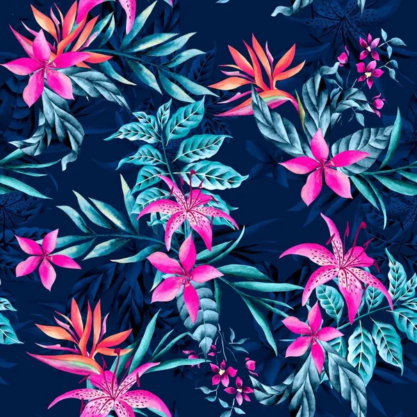 水彩花和树叶图案 粉色热带元素 蓝色叶子 海军蓝背景 — 图库照片