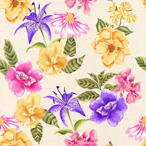 Watercolor Flowers Pattern Pink Purple Yellow Tropical Elements Green Leaves — Stock Photo, Image