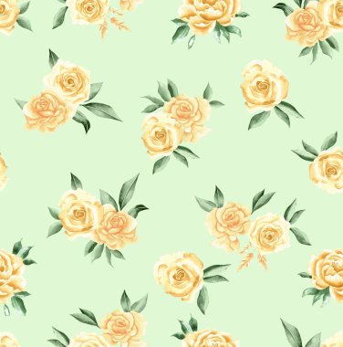 Watercolor flowers pattern, red tropical elements, green leaves, white background, seamless