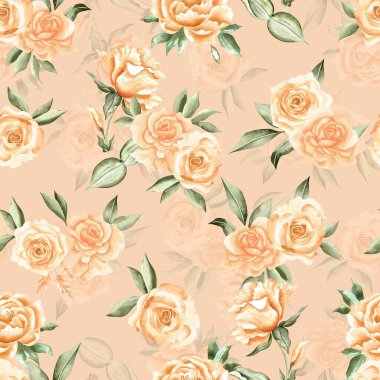 Watercolor flowers pattern, yellow tropical elements, green leaves, yellow background, seamless