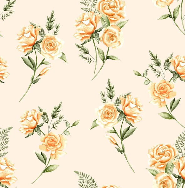 Watercolor Flowers Pattern Yellow Tropical Elements Green Leaves Gold Background — Stockfoto