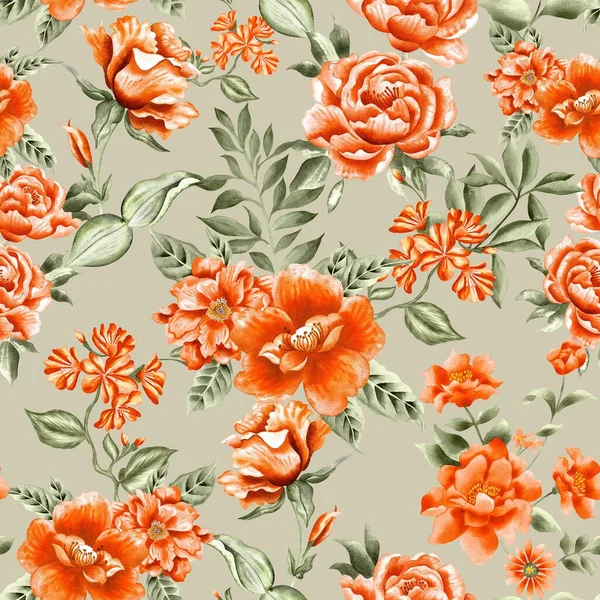 Watercolor Flowers Pattern Orange Tropical Elements Green Leaves Green Background — Photo