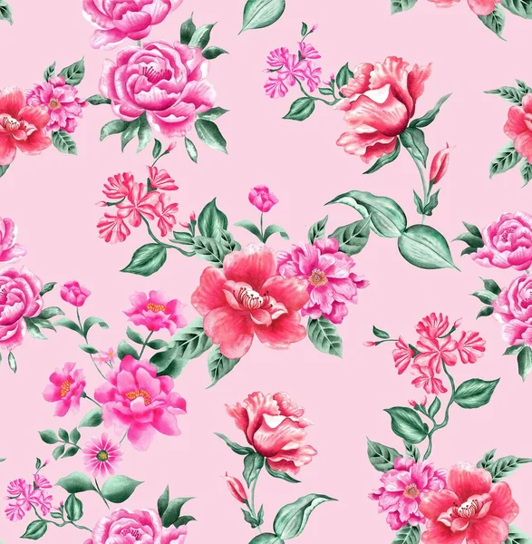 Watercolor Flowers Pattern Red Pink Tropical Elements Green Leaves Pink — Stockfoto