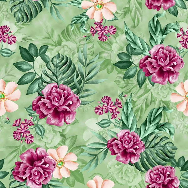Akvarell Virágok Minta Lila Sárga Trópusi Elemek Zöld Levelek Zöld — Stock Fotó
