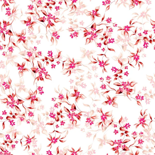 Aquarell Blumenmuster Rosa Tropische Elemente Rote Blätter Weißer Hintergrund Nahtlos — Stockfoto