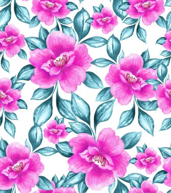 Watercolor flowers pattern, pink tropical elements, green leaves, white background, seamless