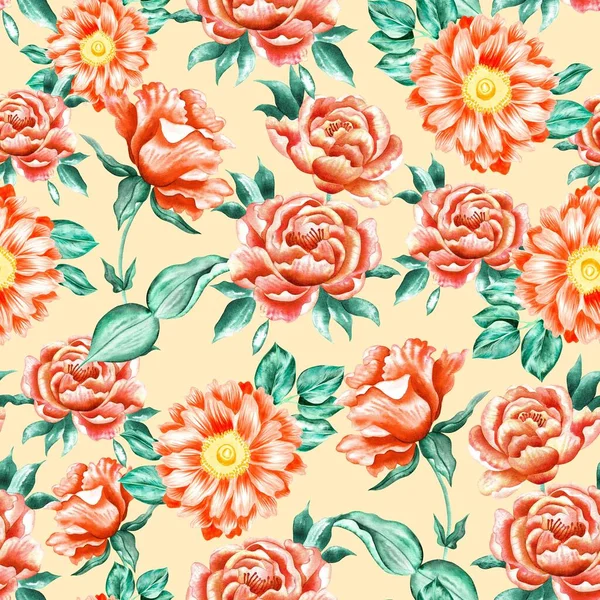 Watercolor Flowers Pattern Red Tropical Elements Green Leaves Yellow Background — Stockfoto