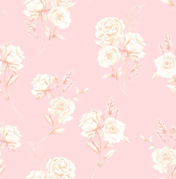 Akvarell Virágok Minta Fehér Trópusi Elemek Levelek Rózsaszín Háttér Zökkenőmentes — Stock Fotó