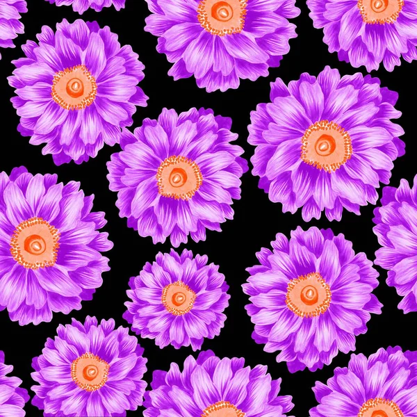 水彩花图案 紫色热带元素 黑色背景 — 图库照片