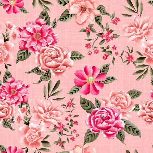 Watercolor Flowers Pattern Pink Tropical Elements Green Leaves Pink Background — Stockfoto