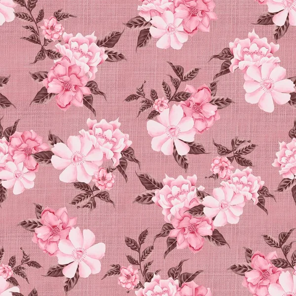 Watercolor Flowers Pattern Pink Romantic Roses Green Leaves Pink Background — Stock Photo, Image