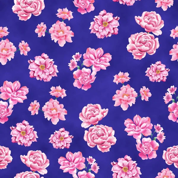 Patrón Flores Acuarela Elementos Tropicales Rosados Fondo Púrpura Sin Costuras —  Fotos de Stock