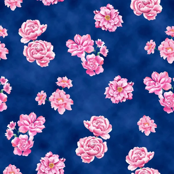 Patrón Flores Acuarela Elementos Tropicales Rosados Fondo Azul Marino Sin —  Fotos de Stock